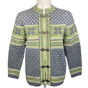 Vintage Carroll Reed Green Gray Wool Frog Clasp Fair Isle‎ Cardigan Sz Small